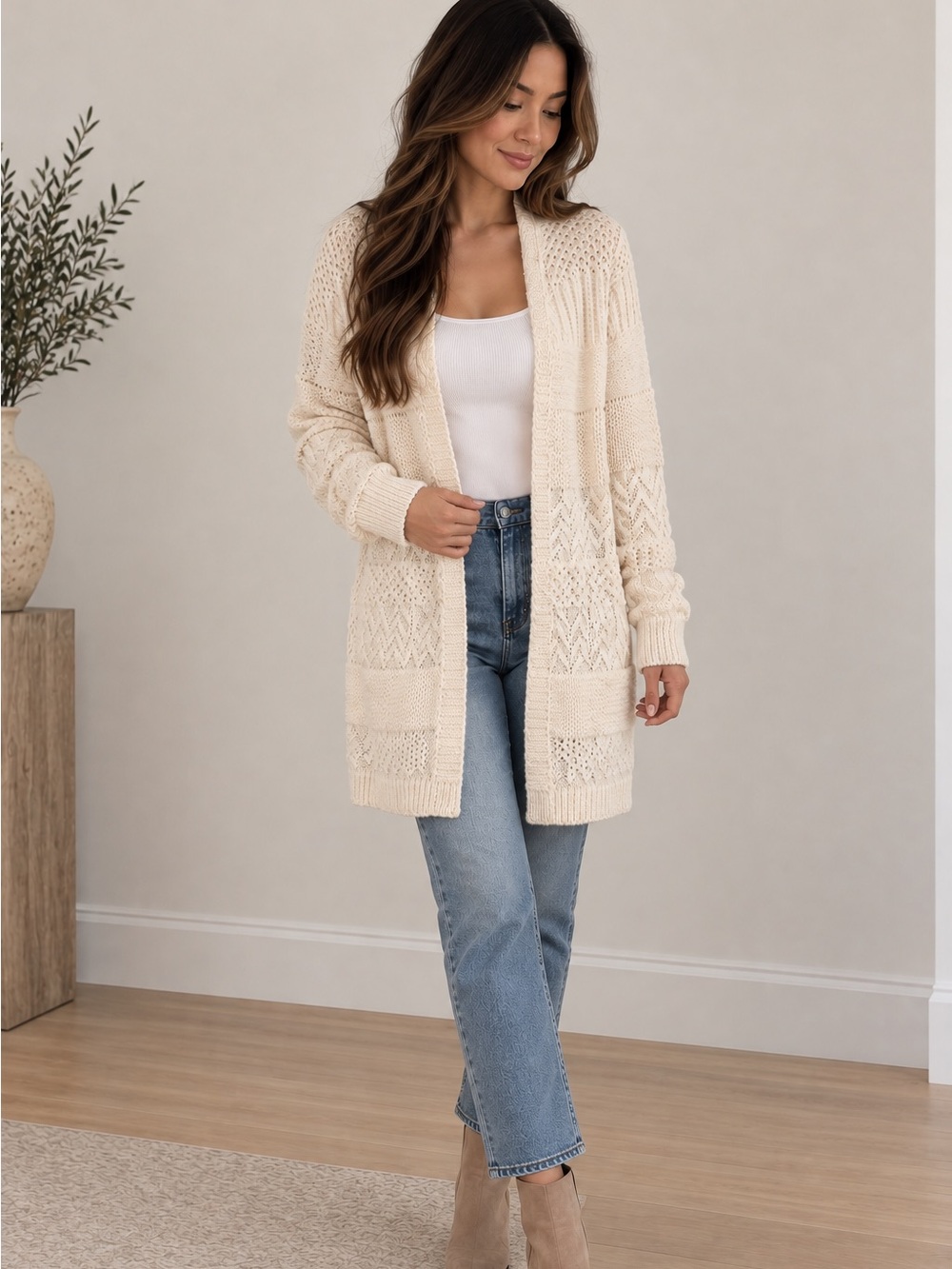 Dex Cream Open Front Patchwork Knit Long Cardigan BNWT